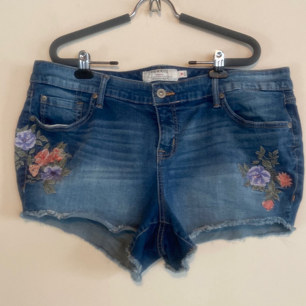 Torrid Blue Jean Shorts with Floral Embroidery